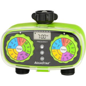imageAQUASTAR TwoZone Hose Watering Timer Yellow Automatic Irrigation for Lawn Garden Yard Two OutletsGreen