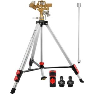 imageEden 94157 PRO The Heaviest Weight Tripod 537 lbs Metal Telescoping Tripod Brass Impulse Sprinkler with Premium Quick Connect Starter Set Watering up to 6360 Sq Ft