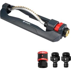 imageEden 96218 Heavy Duty Turbo Oscillating Sprinkler Covers Up to 3700 sq ft 18 Brass Nozzles Weighted Aluminum Base Adjustable Range Quick Connect Bundle Silver Red BlackPlastic
