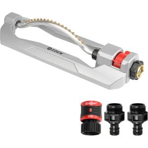 imageEden 96218 Heavy Duty Turbo Oscillating Sprinkler Covers Up to 3700 sq ft 18 Brass Nozzles Weighted Aluminum Base Adjustable Range Quick Connect Bundle Silver Red BlackMetal